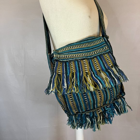 Boho Woven Flap Front Blue Stiped Shoulder Strap Bag - Picture 3 of 12